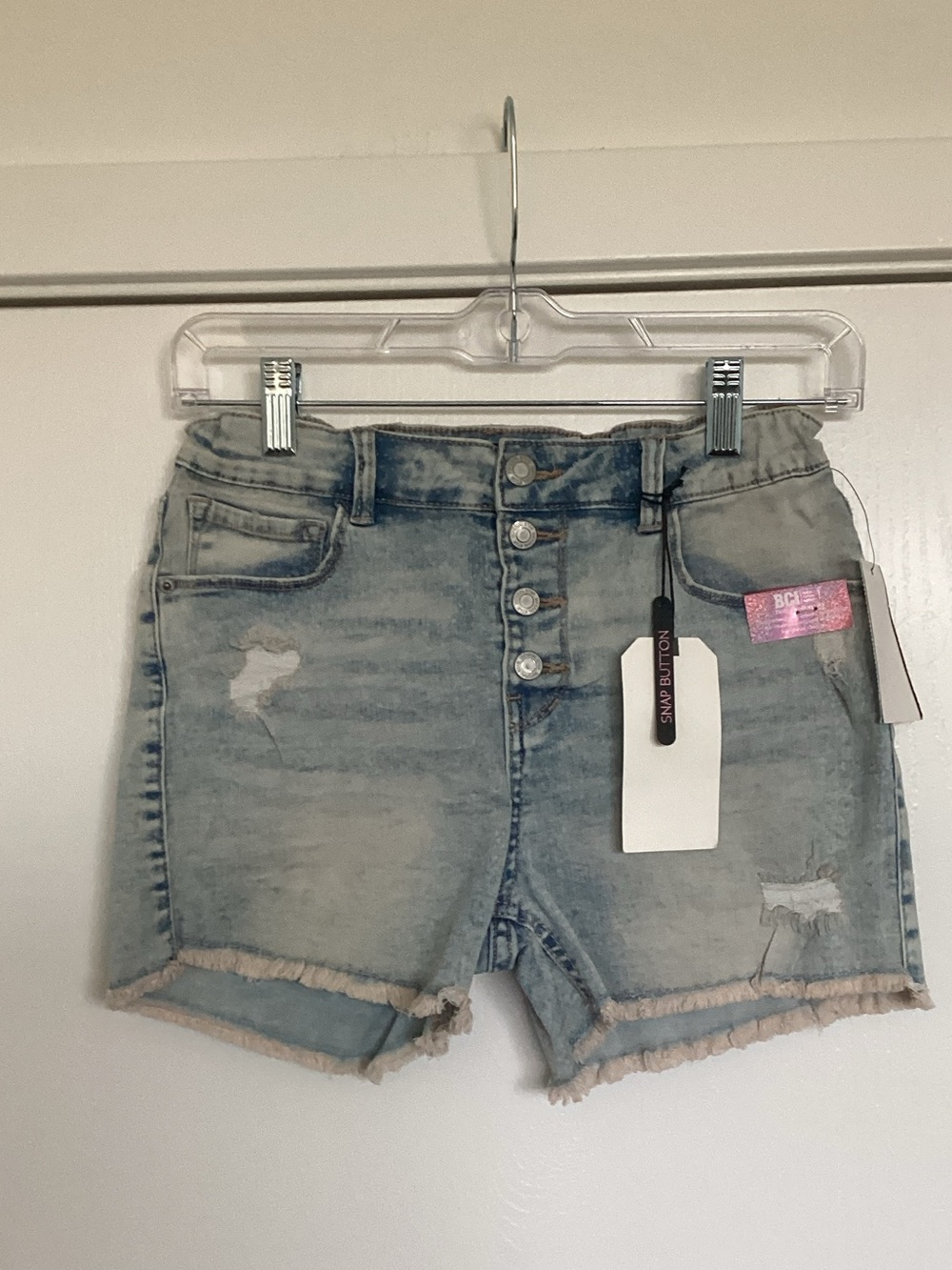 Imperial Star Girls Light Wash Button-Front Distressed Denim Shorts